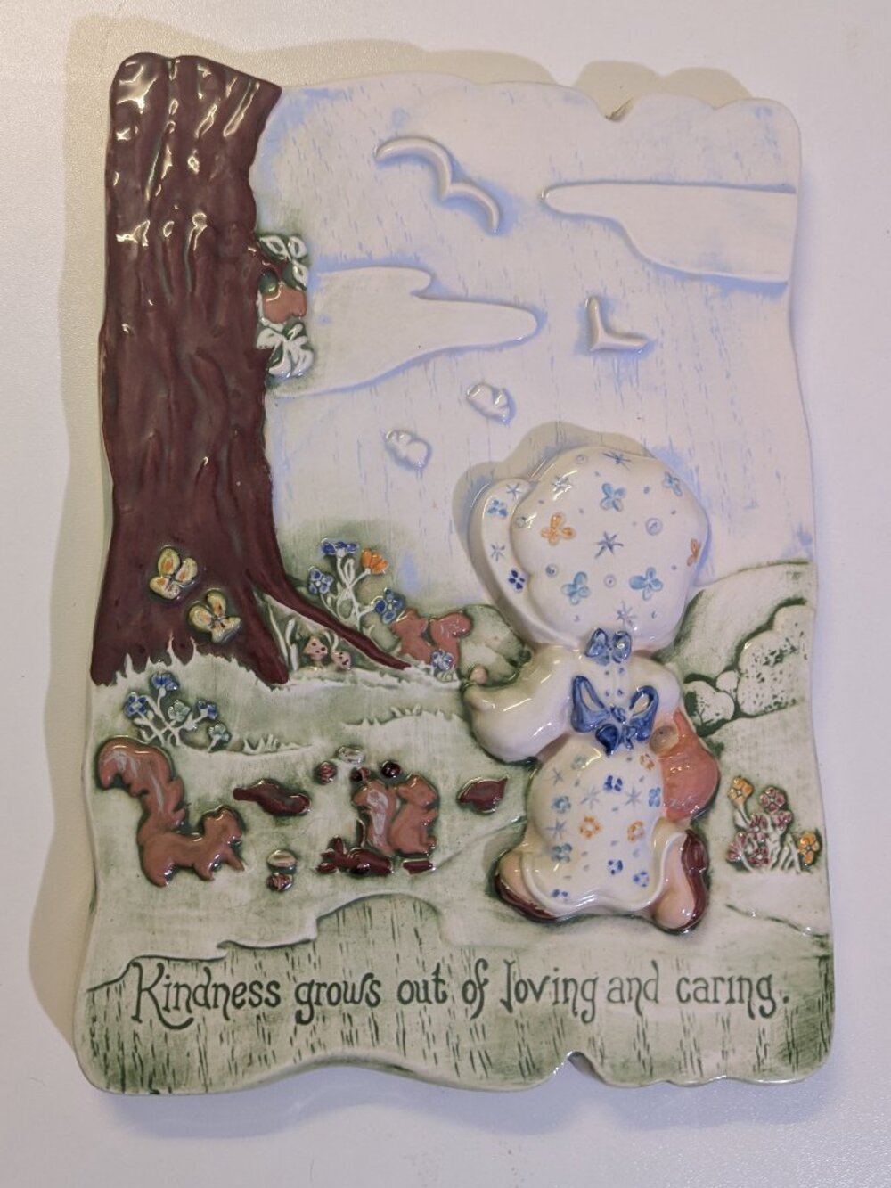 Vintage Holly Hobbie Ceramic Bas-Relief Wall Plaque "Kindness Grows Out of Love"